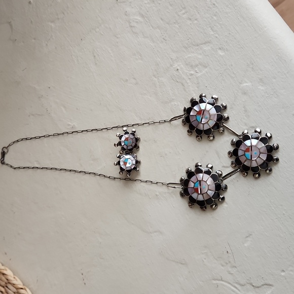 Native American Zuni Vintage Sunface Inlaid Necklace & Earrings Set 💙☀️🖤 - Picture 10 of 16